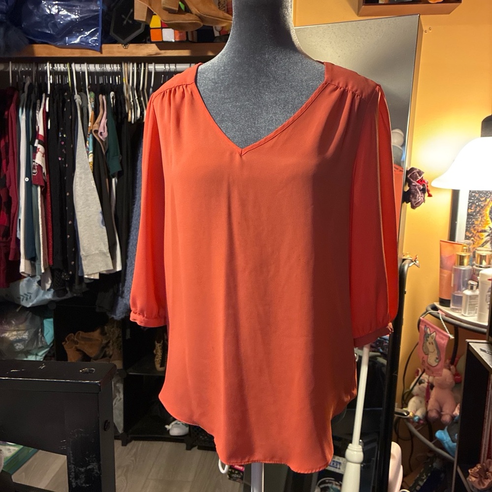 Women's V-Neck 3/4 Sleeve Blouse - Orange